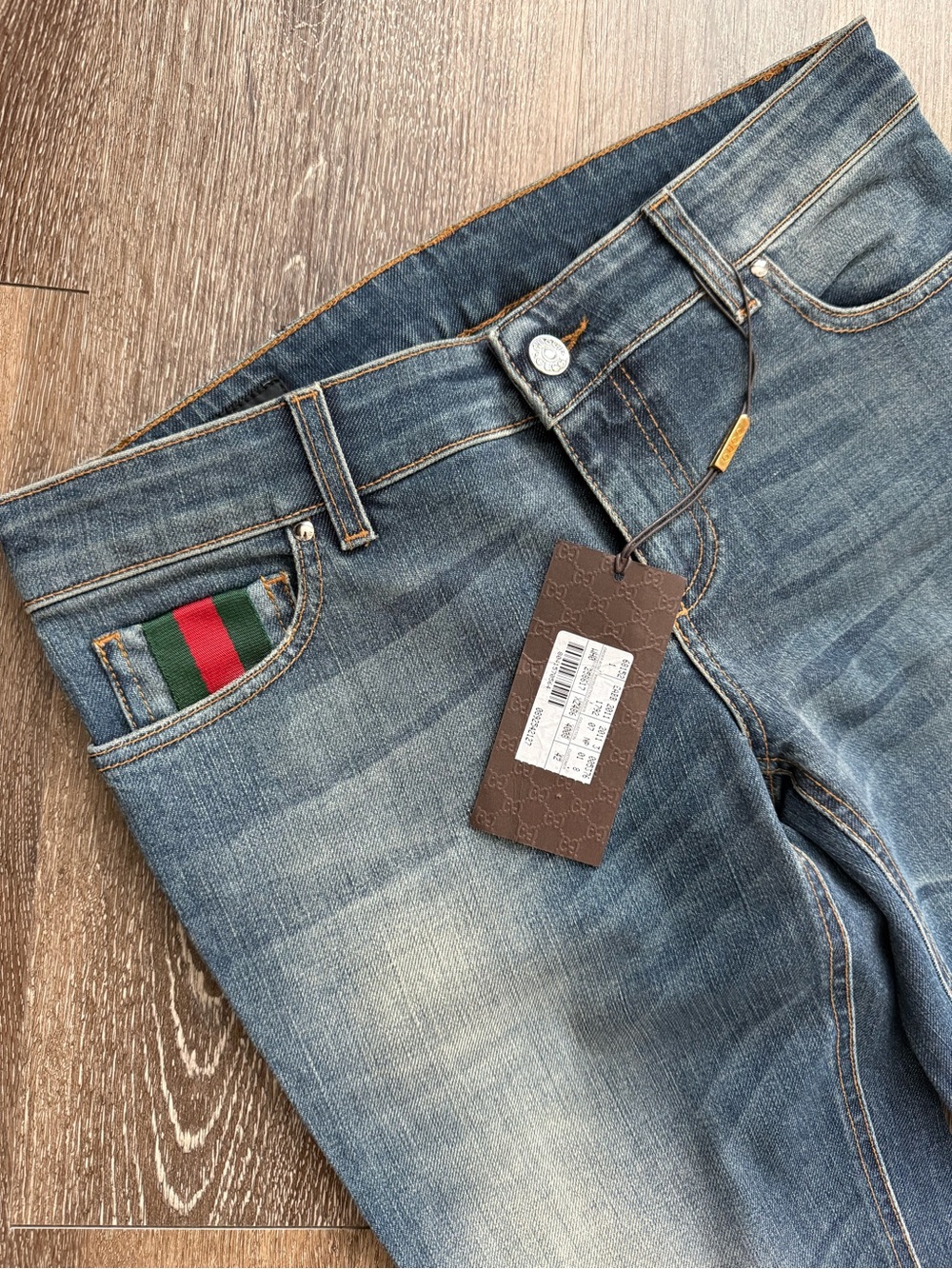 NWT Gucci Y2K Web Stripe Pocket Flare Jeans Blue Denim Size US 4-6 Made in Italy